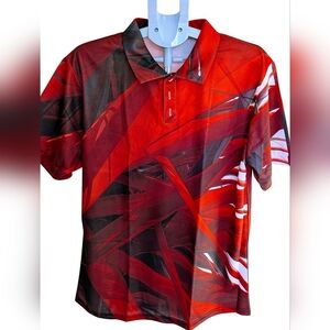 Men’s Premium Red Polo with Abstract Pattern – Trendy All-Over Graphic Tee